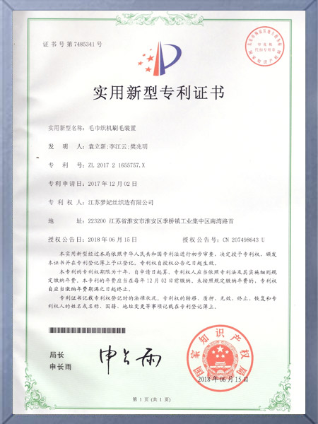 Towel loom bristle device certificate