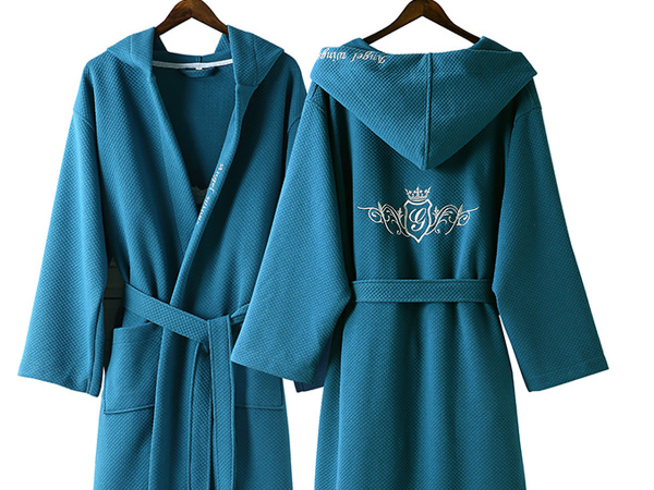 The luxurious embroidered signature blue waffle hooded bathrobe